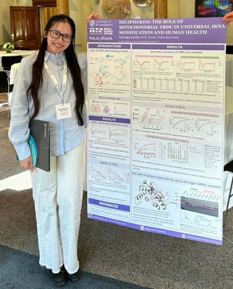 Thư Trịnh Ngọc Anh standing beside her poster at the 025 Chemical Biology Symposium.